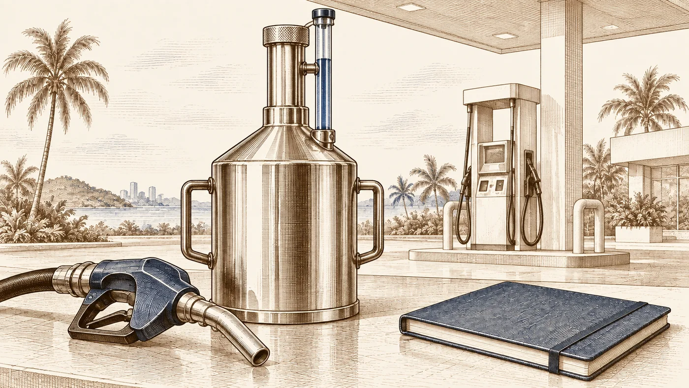 Grabado conceptual de un recipiente de medición volumétrica y una pistola de combustible