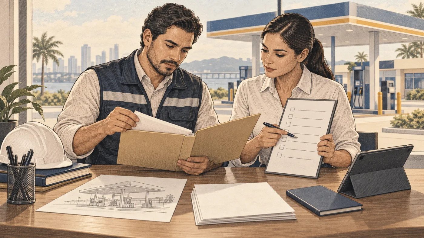 Ilustración conceptual de dos personas revisando documentos junto a una estación de combustible.