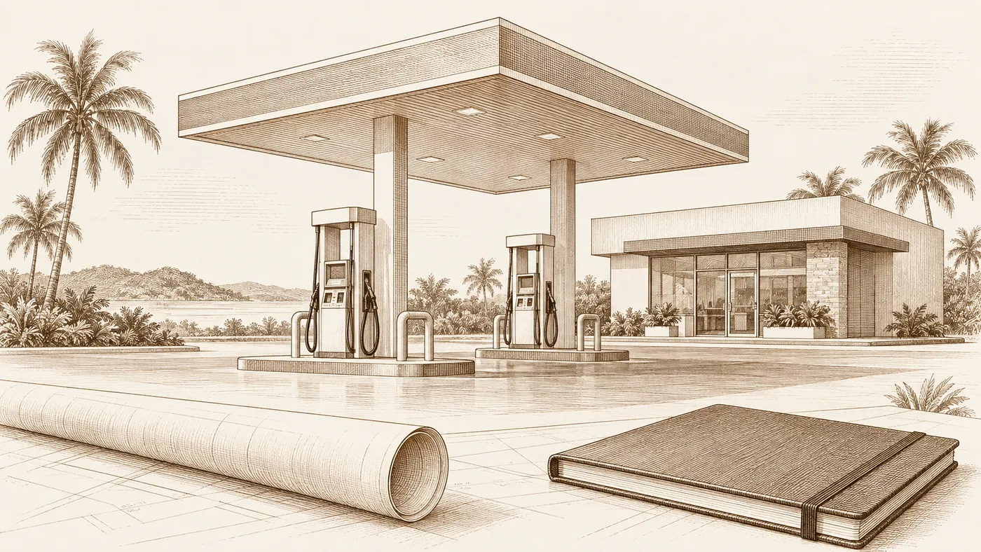 Grabado conceptual de una estación con un plano y un cuaderno