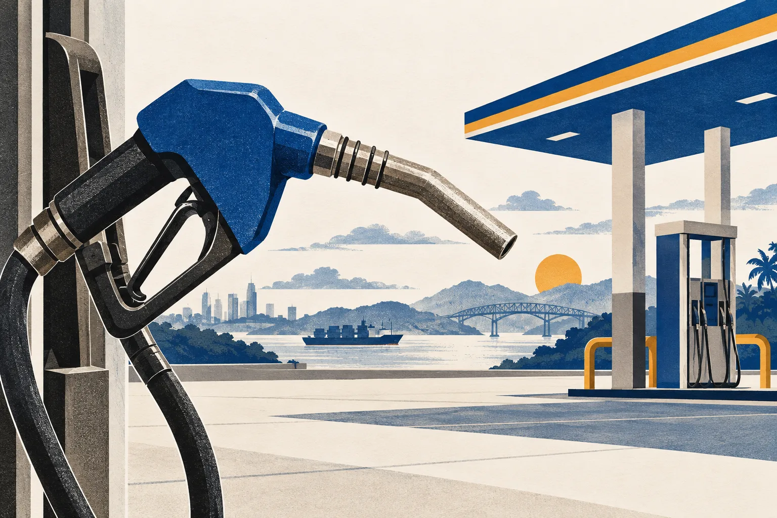 Illustration of a fuel nozzle and a service station.