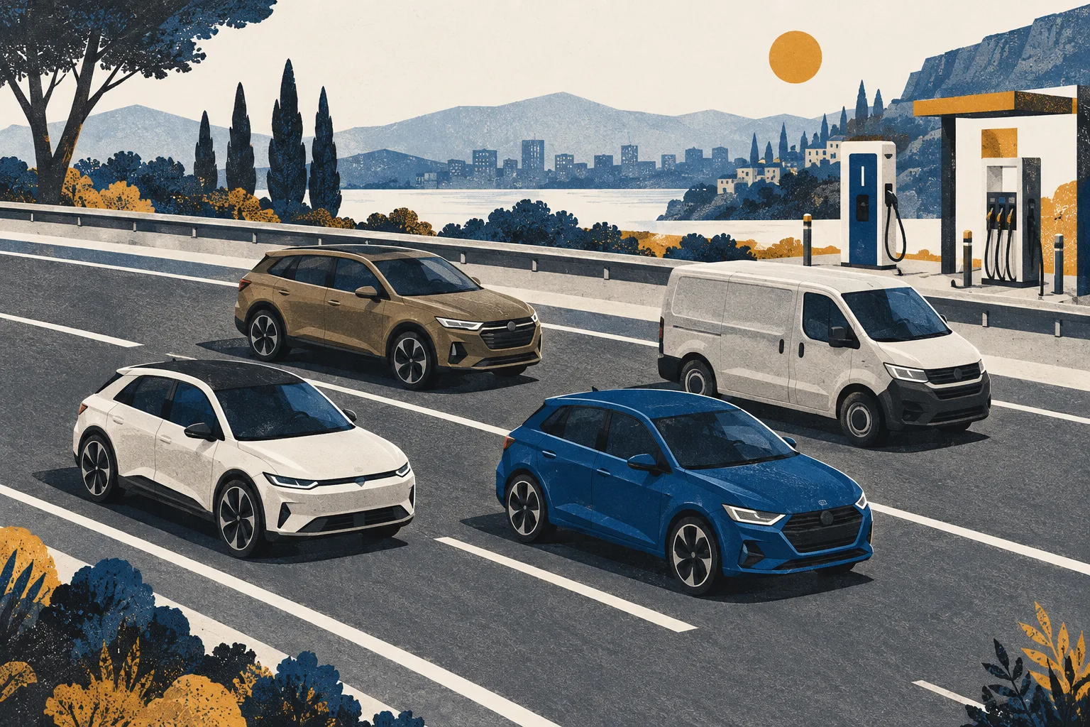 Illustration of cars and a van beside charging and fueling infrastructure.