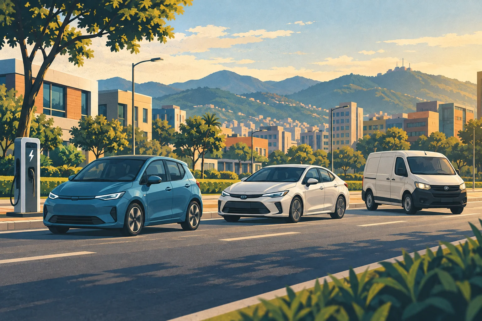 Ilustración conceptual de un vehículo eléctrico, un híbrido y una furgoneta en una vía urbana.