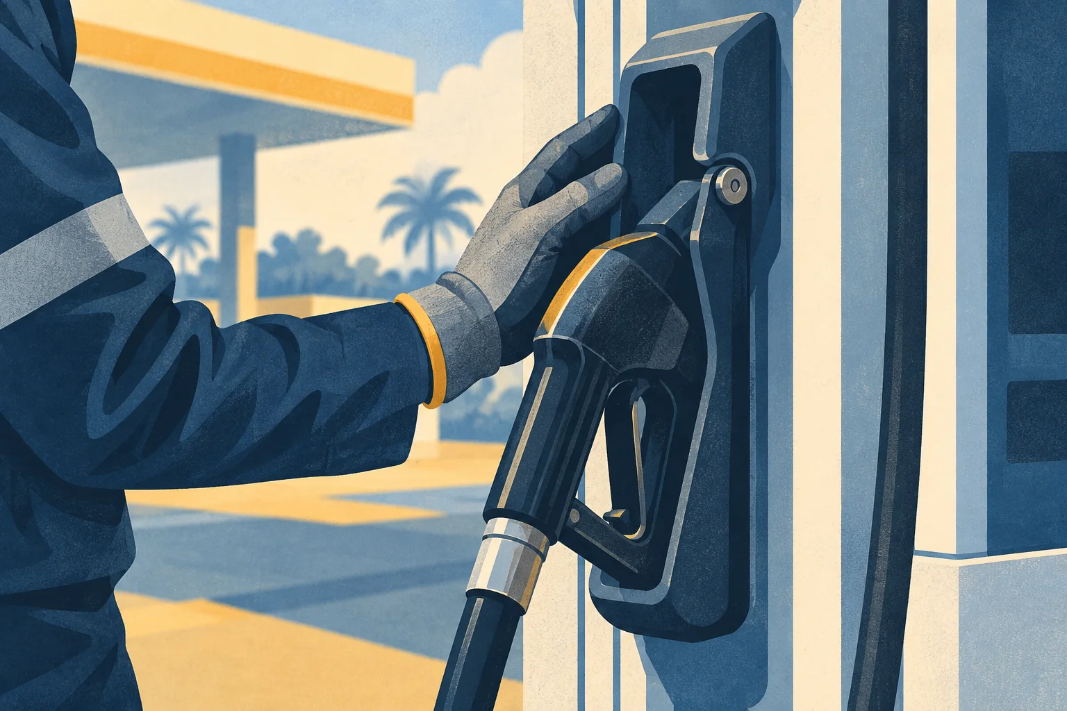 Ilustración conceptual de un técnico revisando el soporte de una pistola de combustible sin marca.