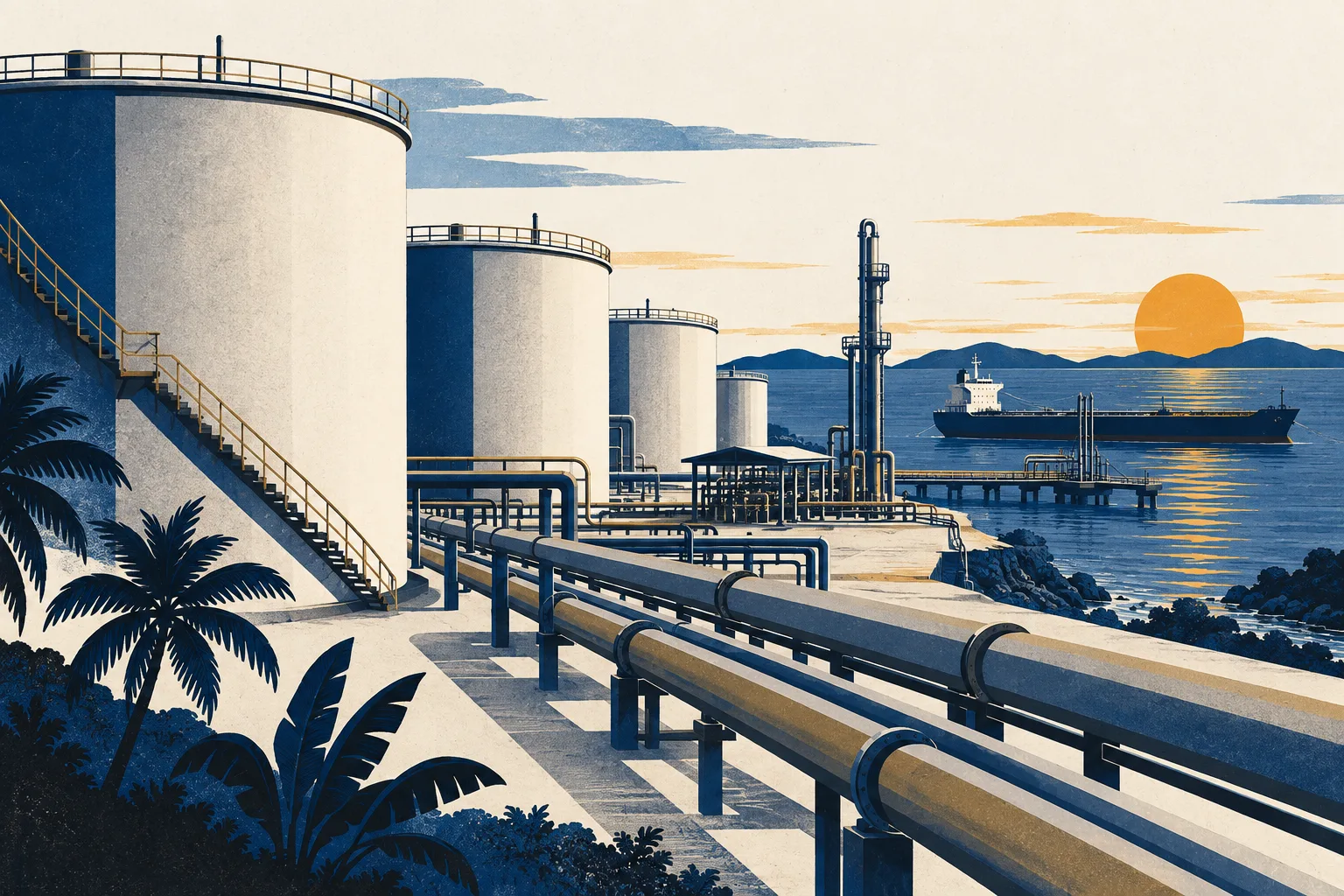 Illustration of storage tanks, pipelines and an oil tanker.