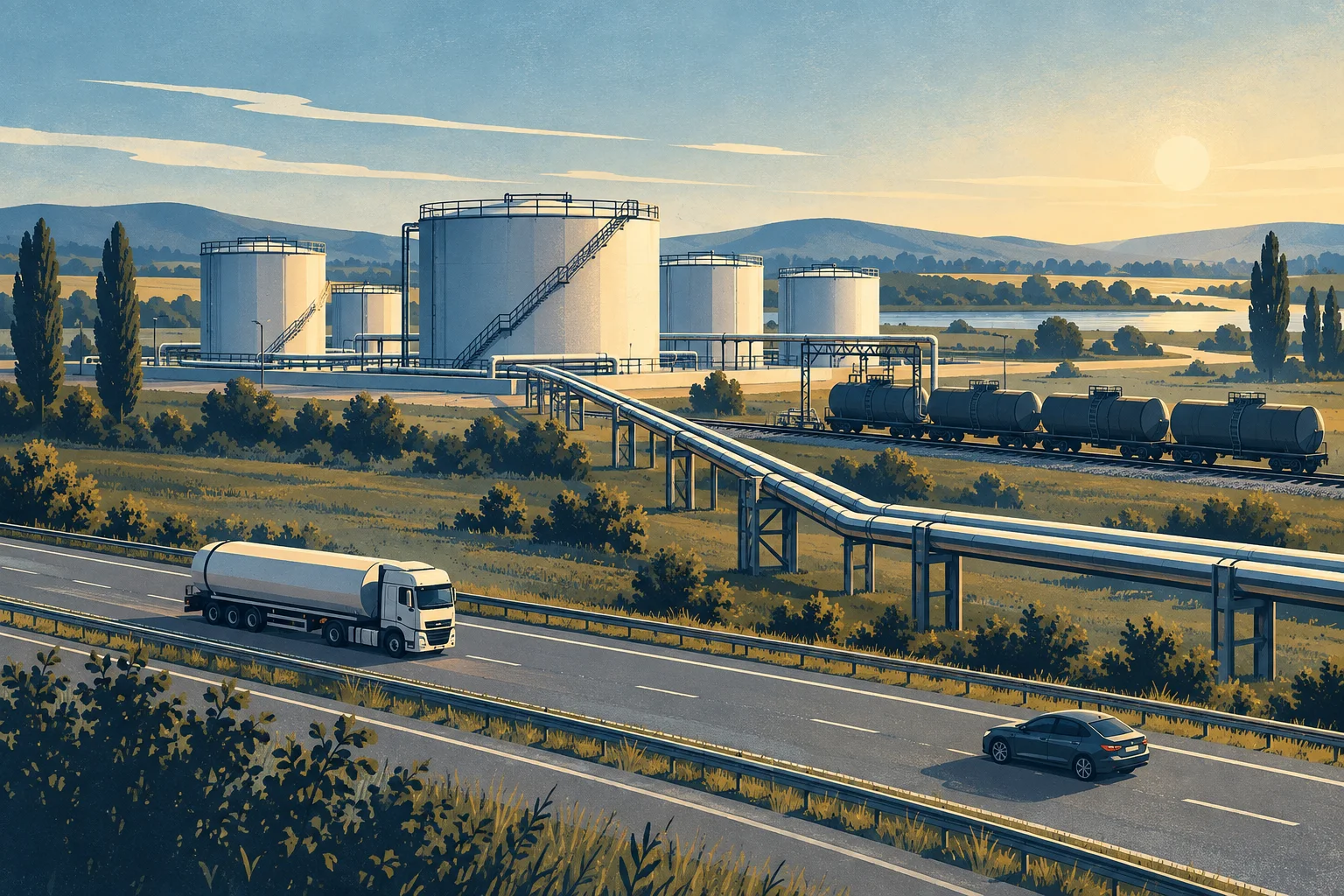 Ilustración conceptual de tanques, tuberías, vagones cisterna y transporte por carretera.