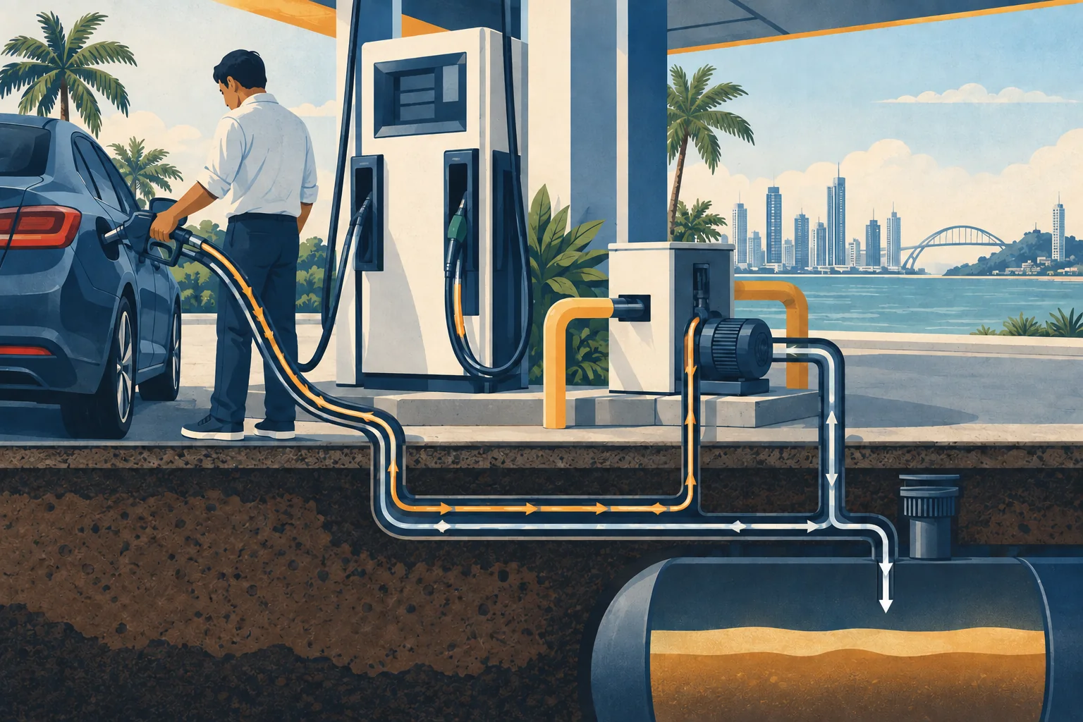 Ilustración conceptual de una manguera de recuperación que devuelve vapores del surtidor al espacio de vapor del tanque.