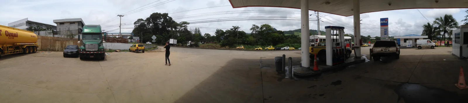 Panoramic view of a station forecourt and canopy