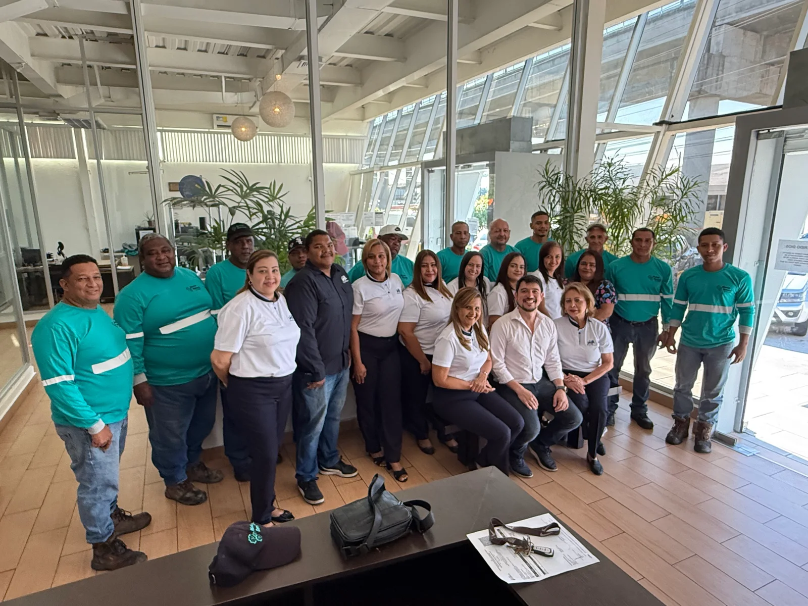 Part of the team gathered inside headquarters