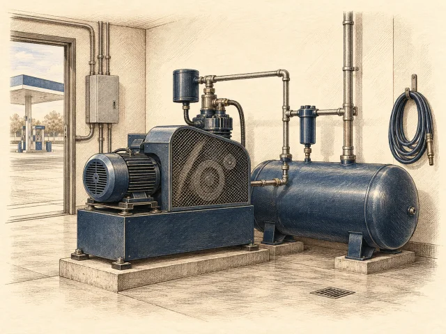 Ilustración conceptual de un compresor de aire y un tanque receptor en un cuarto de servicio.