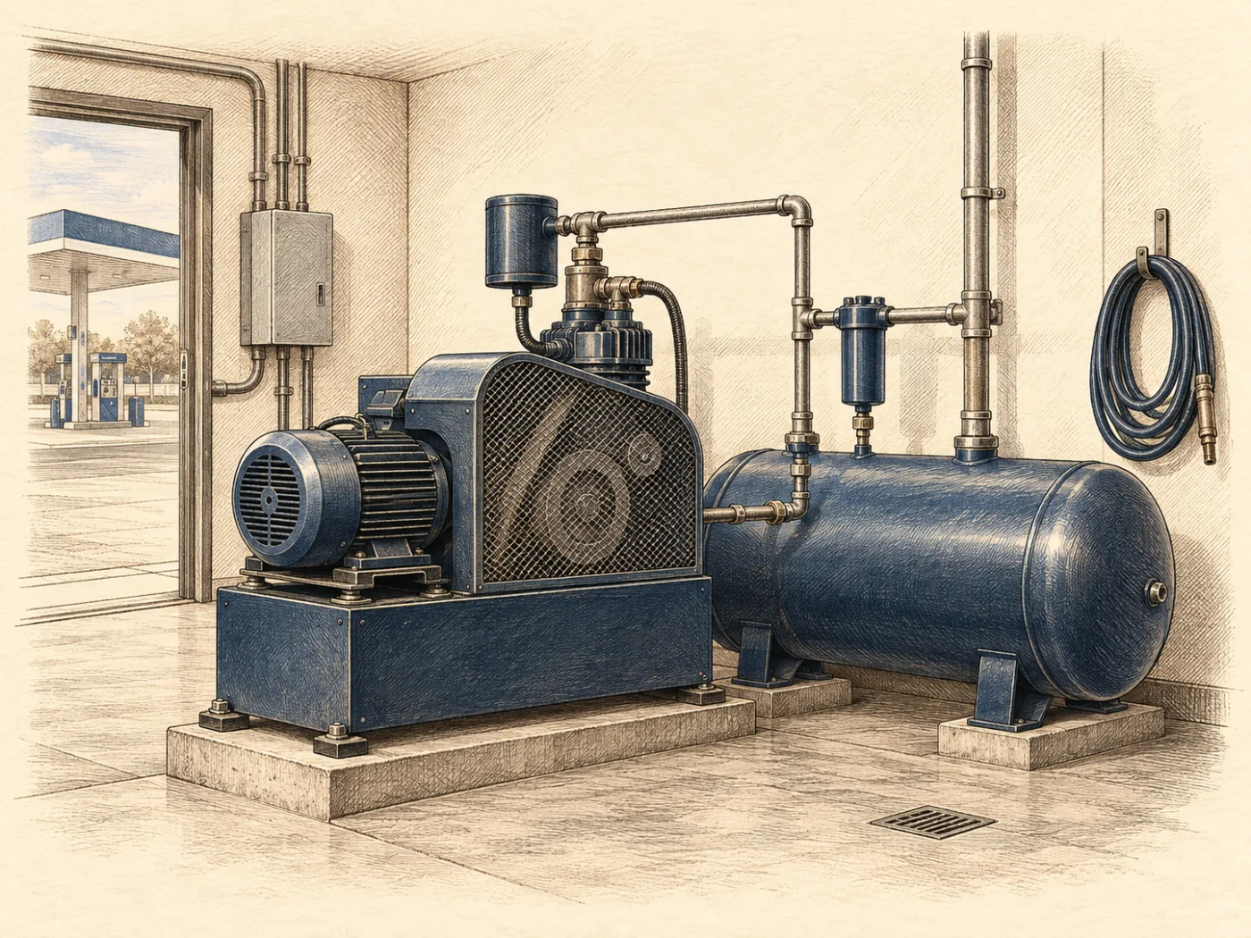 Ilustración conceptual de un compresor de aire y un tanque receptor en un cuarto de servicio.