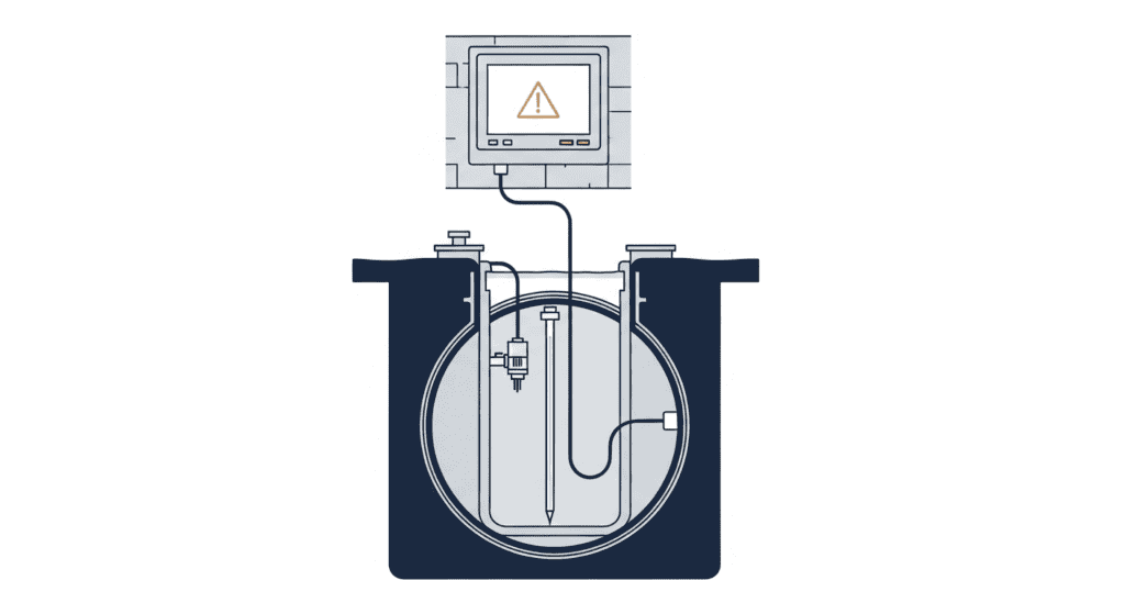 Diagrama técnico: tanque subterráneo con sonda ATG conectada a consola de monitoreo con alarma