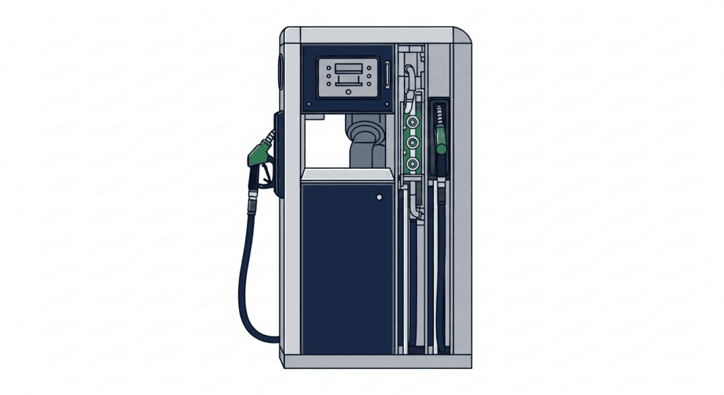 Diagrama técnico: corte de dispensador de combustible con los o-rings y elastómeros destacados, compatibilidad E10