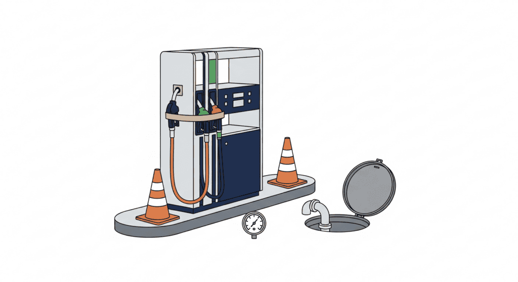 Ilustración técnica: isleta de estación preparada para prueba de hermeticidad con conos, boca de tanque abierta y manómetro