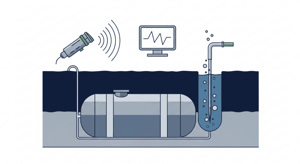 Diagrama técnico: tres métodos de detección de fugas sobre tanque subterráneo - acústico, estadístico y gas trazador
