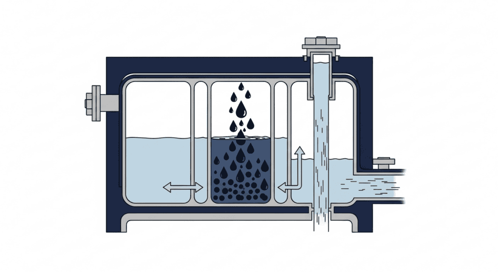 Diagrama técnico: separador API de tres cámaras con gotas de hidrocarburo coalesciendo y agua limpia a la salida
