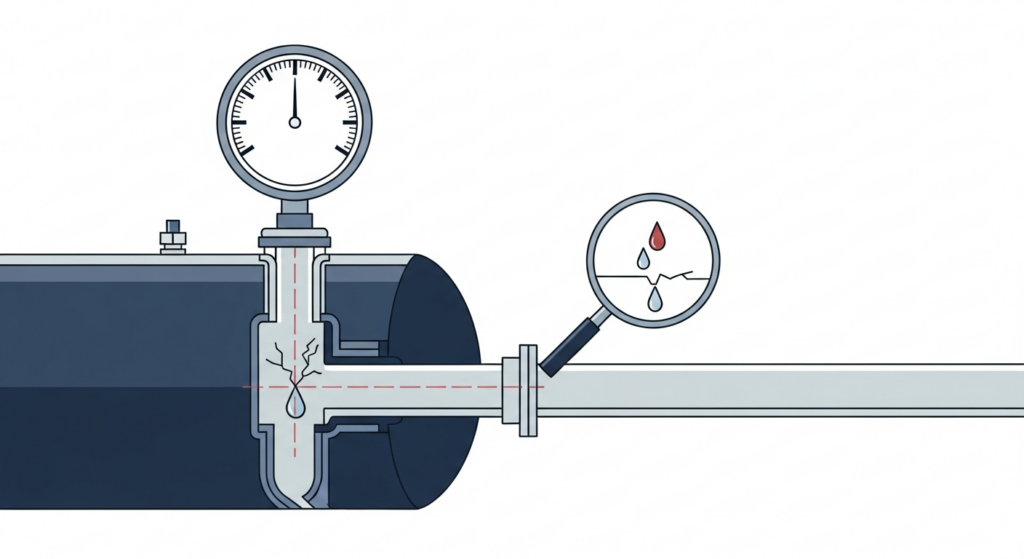 Diagrama técnico: tanque subterráneo bajo prueba de hermeticidad con manómetro y microfuga detectada en lupa